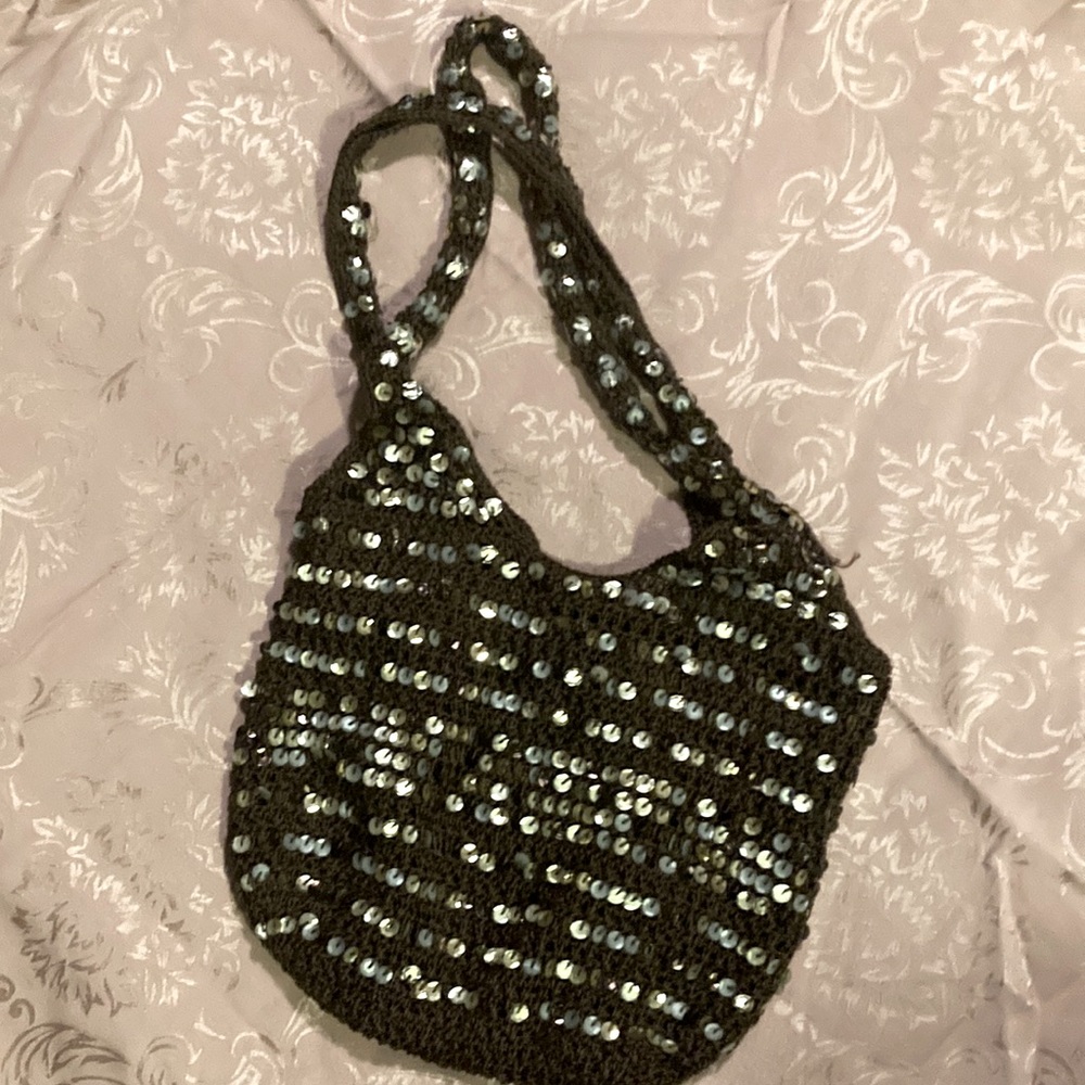 Vintage Crocheted Bag with Sequins Brown